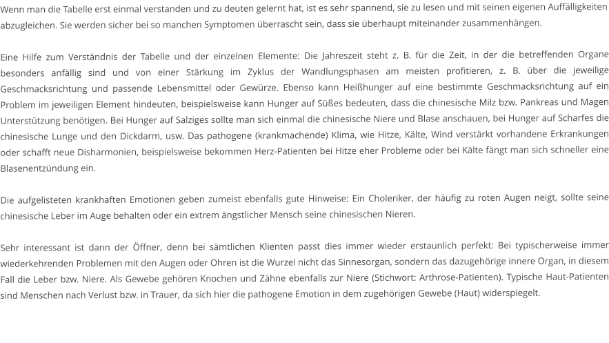 Wenn man die Tabelle erst einmal verstanden und zu deuten gelernt hat, ist es sehr spannend, sie zu lesen und mit seinen eigenen Auffälligkeiten abzugleichen. Sie werden sicher bei so manchen Symptomen überrascht sein, dass sie überhaupt miteinander zusammenhängen.  Eine Hilfe zum Verständnis der Tabelle und der einzelnen Elemente: Die Jahreszeit steht z. B. für die Zeit, in der die betreffenden Organe besonders anfällig sind und von einer Stärkung im Zyklus der Wandlungsphasen am meisten profitieren, z. B. über die jeweilige Geschmacksrichtung und passende Lebensmittel oder Gewürze. Ebenso kann Heißhunger auf eine bestimmte Geschmacksrichtung auf ein Problem im jeweiligen Element hindeuten, beispielsweise kann Hunger auf Süßes bedeuten, dass die chinesische Milz bzw. Pankreas und Magen Unterstützung benötigen. Bei Hunger auf Salziges sollte man sich einmal die chinesische Niere und Blase anschauen, bei Hunger auf Scharfes die chinesische Lunge und den Dickdarm, usw. Das pathogene (krankmachende) Klima, wie Hitze, Kälte, Wind verstärkt vorhandene Erkrankungen oder schafft neue Disharmonien, beispielsweise bekommen Herz-Patienten bei Hitze eher Probleme oder bei Kälte fängt man sich schneller eine Blasenentzündung ein.   Die aufgelisteten krankhaften Emotionen geben zumeist ebenfalls gute Hinweise: Ein Choleriker, der häufig zu roten Augen neigt, sollte seine chinesische Leber im Auge behalten oder ein extrem ängstlicher Mensch seine chinesischen Nieren.    Sehr interessant ist dann der Öffner, denn bei sämtlichen Klienten passt dies immer wieder erstaunlich perfekt: Bei typischerweise immer wiederkehrenden Problemen mit den Augen oder Ohren ist die Wurzel nicht das Sinnesorgan, sondern das dazugehörige innere Organ, in diesem Fall die Leber bzw. Niere. Als Gewebe gehören Knochen und Zähne ebenfalls zur Niere (Stichwort: Arthrose-Patienten). Typische Haut-Patienten sind Menschen nach Verlust bzw. in Trauer, da sich hier die pathogene Emotion in dem zugehörigen Gewebe (Haut) widerspiegelt.