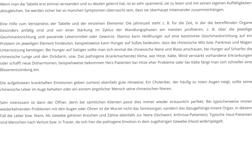Wenn man die Tabelle erst einmal verstanden und zu deuten gelernt hat, ist es sehr spannend, sie zu lesen und mit seinen eigenen Auffälligkeiten abzugleichen. Sie werden sicher bei so manchen Symptomen überrascht sein, dass sie überhaupt miteinander zusammenhängen.  Eine Hilfe zum Verständnis der Tabelle und der einzelnen Elemente: Die Jahreszeit steht z. B. für die Zeit, in der die betreffenden Organe besonders anfällig sind und von einer Stärkung im Zyklus der Wandlungsphasen am meisten profitieren, z. B. über die jeweilige Geschmacksrichtung und passende Lebensmittel oder Gewürze. Ebenso kann Heißhunger auf eine bestimmte Geschmacksrichtung auf ein Problem im jeweiligen Element hindeuten, beispielsweise kann Hunger auf Süßes bedeuten, dass die chinesische Milz bzw. Pankreas und Magen Unterstützung benötigen. Bei Hunger auf Salziges sollte man sich einmal die chinesische Niere und Blase anschauen, bei Hunger auf Scharfes die chinesische Lunge und den Dickdarm, usw. Das pathogene (krankmachende) Klima, wie Hitze, Kälte, Wind verstärkt vorhandene Erkrankungen oder schafft neue Disharmonien, beispielsweise bekommen Herz-Patienten bei Hitze eher Probleme oder bei Kälte fängt man sich schneller eine Blasenentzündung ein.   Die aufgelisteten krankhaften Emotionen geben zumeist ebenfalls gute Hinweise: Ein Choleriker, der häufig zu roten Augen neigt, sollte seine chinesische Leber im Auge behalten oder ein extrem ängstlicher Mensch seine chinesischen Nieren.    Sehr interessant ist dann der Öffner, denn bei sämtlichen Klienten passt dies immer wieder erstaunlich perfekt: Bei typischerweise immer wiederkehrenden Problemen mit den Augen oder Ohren ist die Wurzel nicht das Sinnesorgan, sondern das dazugehörige innere Organ, in diesem Fall die Leber bzw. Niere. Als Gewebe gehören Knochen und Zähne ebenfalls zur Niere (Stichwort: Arthrose-Patienten). Typische Haut-Patienten sind Menschen nach Verlust bzw. in Trauer, da sich hier die pathogene Emotion in dem zugehörigen Gewebe (Haut) widerspiegelt.
